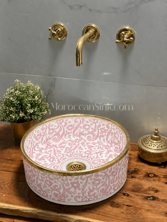 Vessel Sink, Sink Bowl, Ceramic Basin, Hand Wash Basin,Antique Sink with Brass Rim Edge