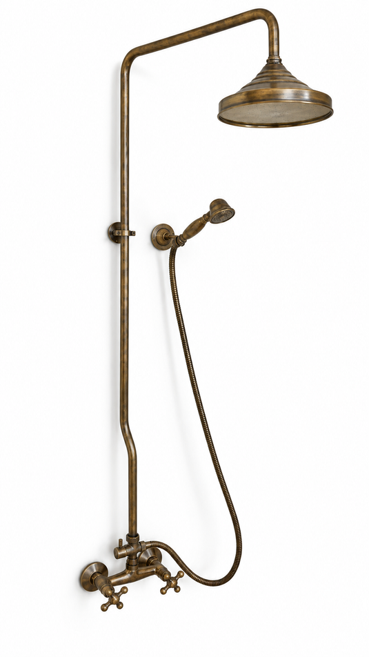 VintageLine Antique Brass Shower Set with Rainfall Head, Handheld Sprayer & Cross-Handle Wall Mixer