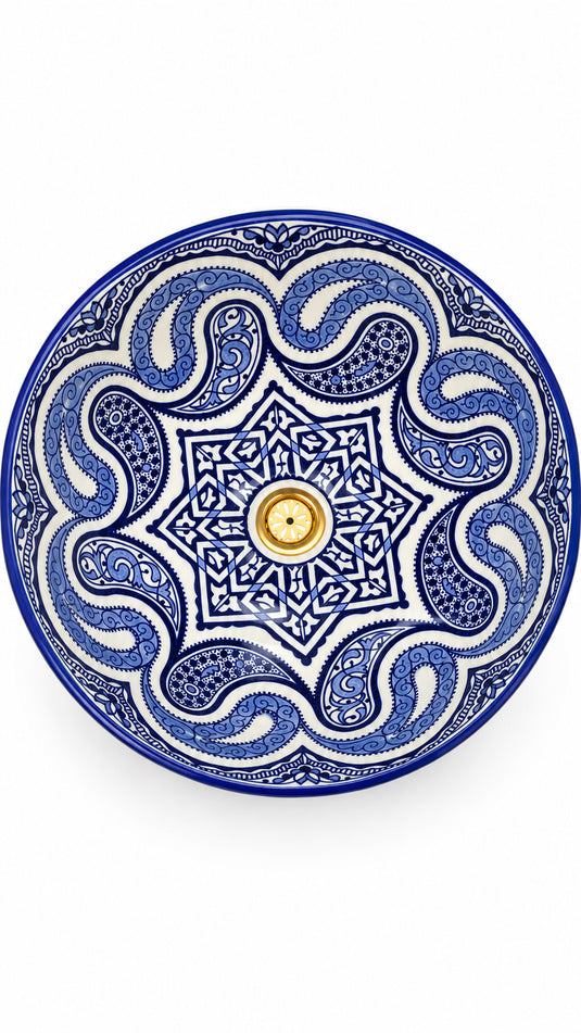 Blue & White Moroccan Sink – Hand-Painted Paisley Ceramic Washbasin