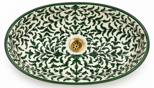 Forest Green and White Botanical Moroccan Ceramic Sink #014