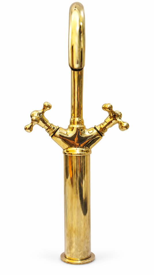 Tall Brass Vessel Sink Faucet, Gooseneck Bathroom Tap with Cross Handles