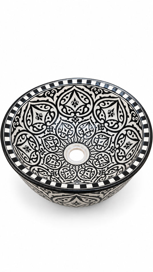 Hand-Painted Black & White Moroccan Ceramic Vessel Sink with Traditional Arabesque Pattern