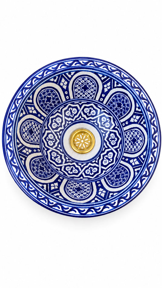 Hand-Painted Moroccan Ceramic Vessel Sink – Cobalt Blue & White Geometric Design with Brass Drain