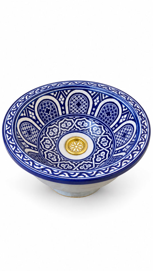 Hand-Painted Moroccan Ceramic Vessel Sink – Cobalt Blue & White Geometric Design with Brass Drain