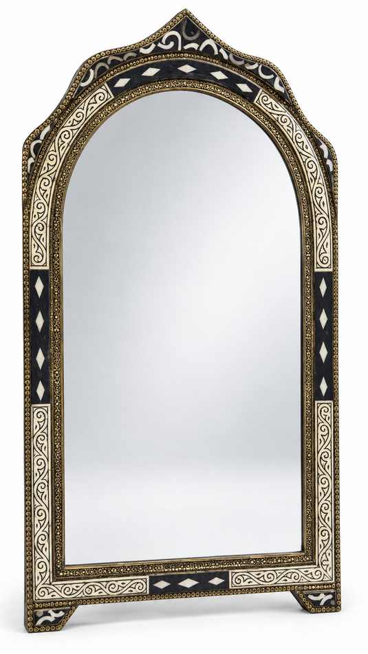 Handmade Moroccan Arched Wall Mirror, Black & Ivory Inlay with Antique Gold Details, Ornate Bathroom Vanity Mirror, Boho Wall Decor