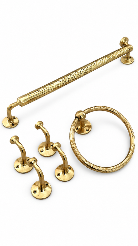 Handmade Moroccan Brass Bathroom Hardware Set, Hammered Towel Bar, Towel Ring & Wall Hooks