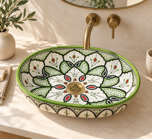 Green and Red Floral Oval Moroccan Ceramic Sink #012
