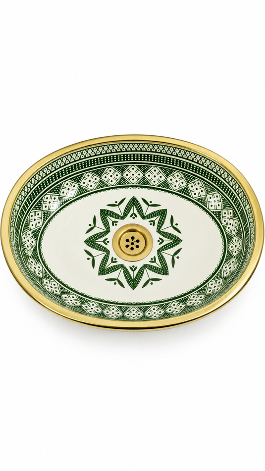 Green and Cream Moroccan Ceramic Sink with Gold-Toned Rim#024
