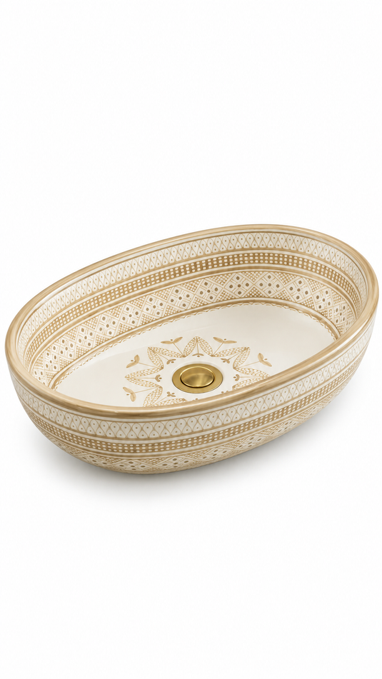 Sand Beige & Cream Ornate Moroccan Ceramic Sink #027