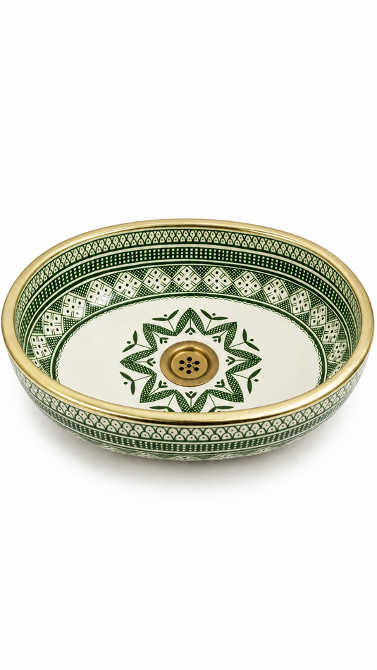 Green and Cream Moroccan Ceramic Sink with Gold-Toned Rim#024