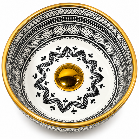 Lavabo marocain artisanale avec bord doré 14 K pour salle de bain