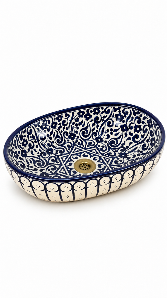 Deep Blue and Cream Floral Moroccan Ceramic Sink #018