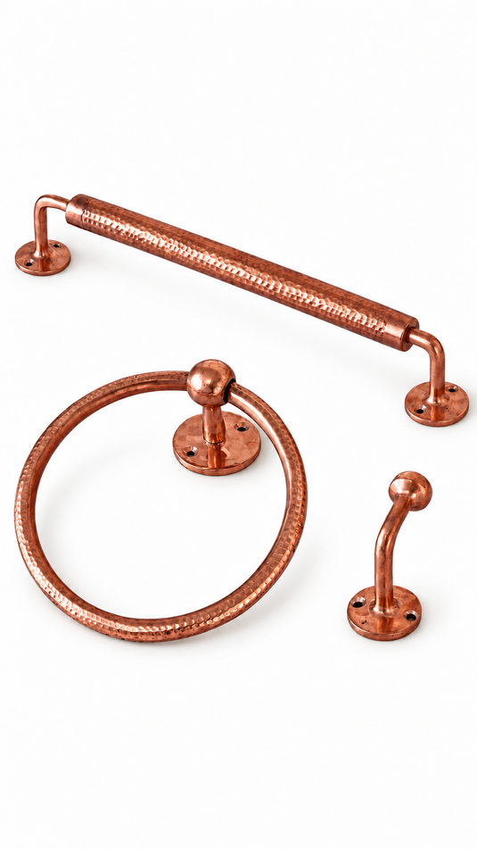 Handmade Moroccan Brass Bathroom Hardware Set, Hammered Towel Bar, Towel Ring & Wall Hooks