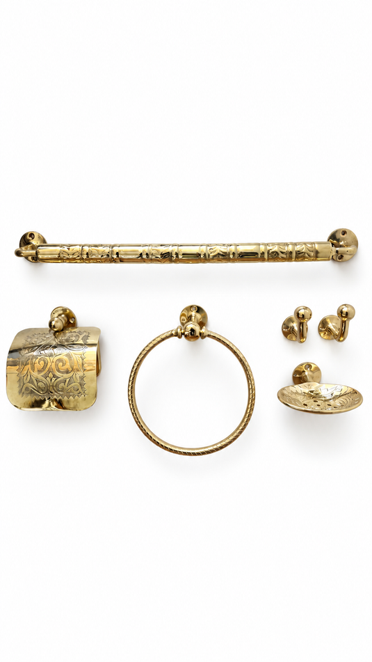 Handmade Moroccan Brass Bathroom Accessories – Engraved Towel Bar, Towel Ring, Toilet Paper Holder, Hooks & Soap Dish