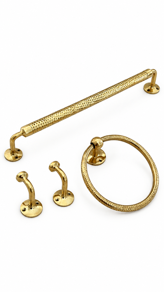 Handmade Moroccan Brass Bathroom Hardware Set, Hammered Towel Bar, Towel Ring & Wall Hooks