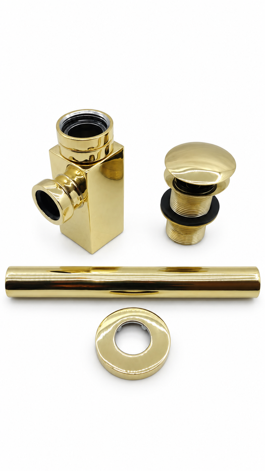 Unlacquered Brass Rectangular Bottle Trap with Pop-Up Sink Drain Stopper