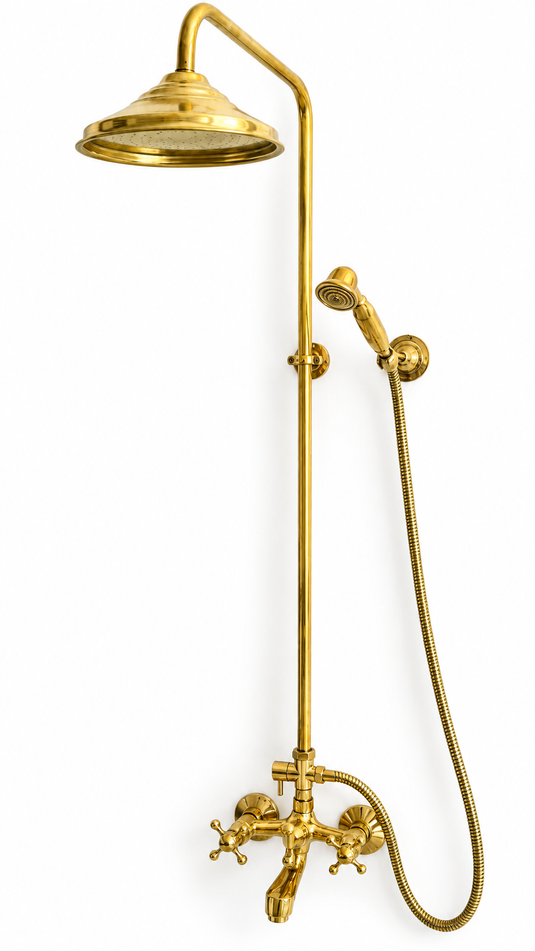 Unlacquered Solid Brass Shower System – Rain Shower, Tub Spout & Handheld Combo – Moroccan Vintage Cross-Handles