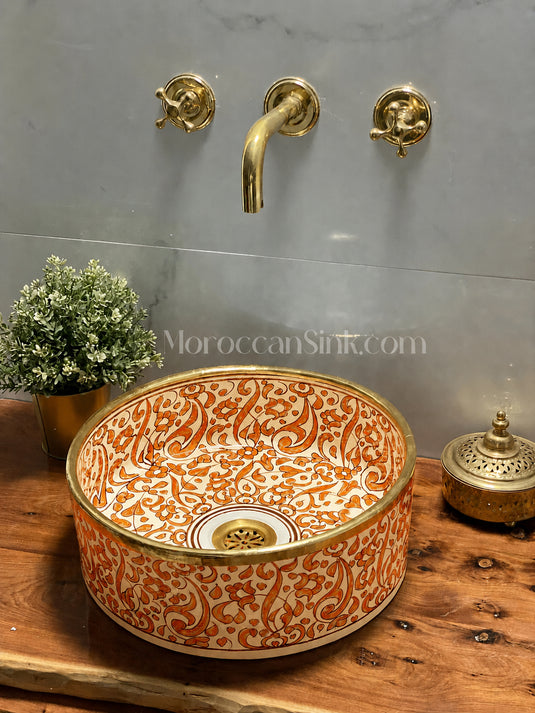 Vessel Sink, Sink Bowl, Ceramic Basin, Hand Wash Basin,Antique Sink with Brass Rim Edge