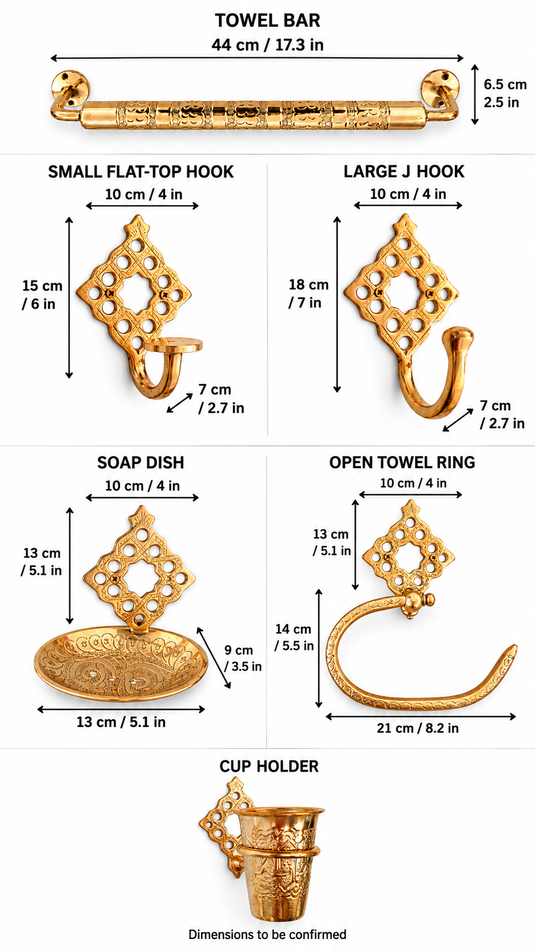 Moroccan Brass Bathroom Accessories Set of 6 – Engraved Towel Bar, Hooks, Soap Dish & Cup Holder