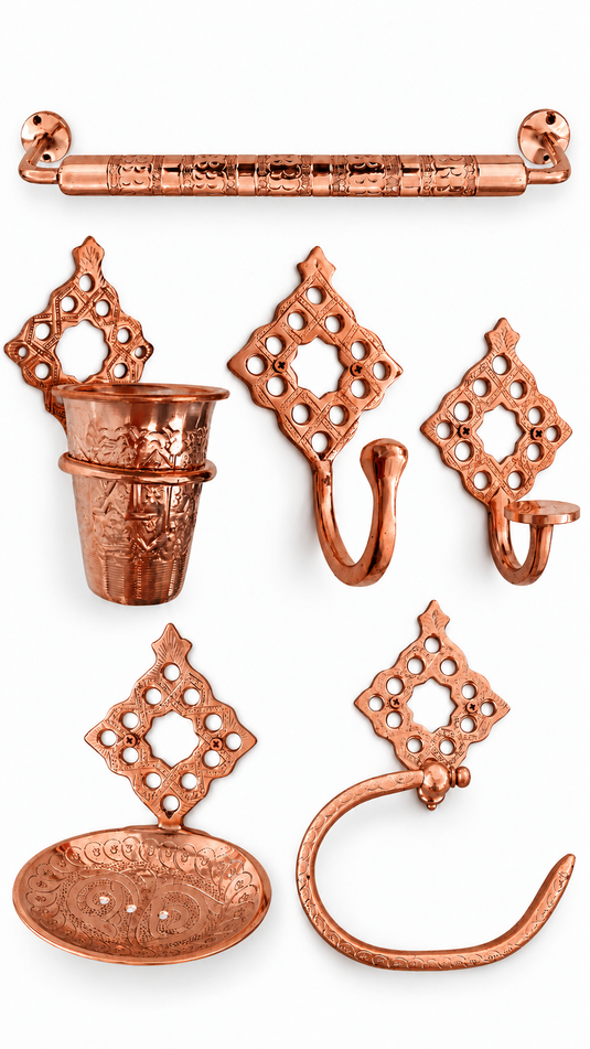 Moroccan Brass Bathroom Accessories Set of 6 – Engraved Towel Bar, Hooks, Soap Dish & Cup Holder