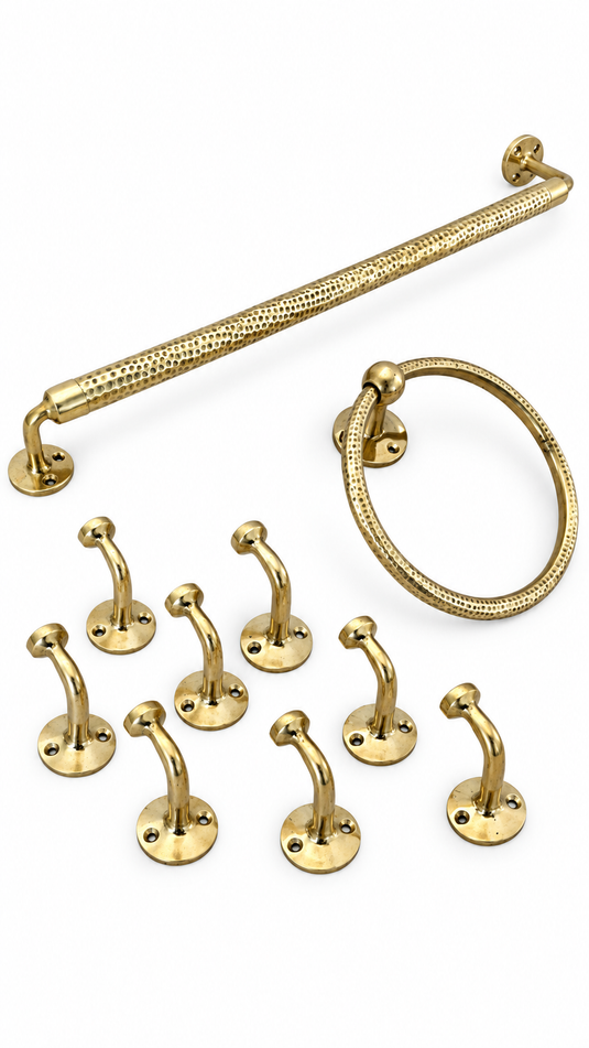 Handmade Moroccan Brass Bathroom Hardware Set, Hammered Towel Bar, Towel Ring & Wall Hooks