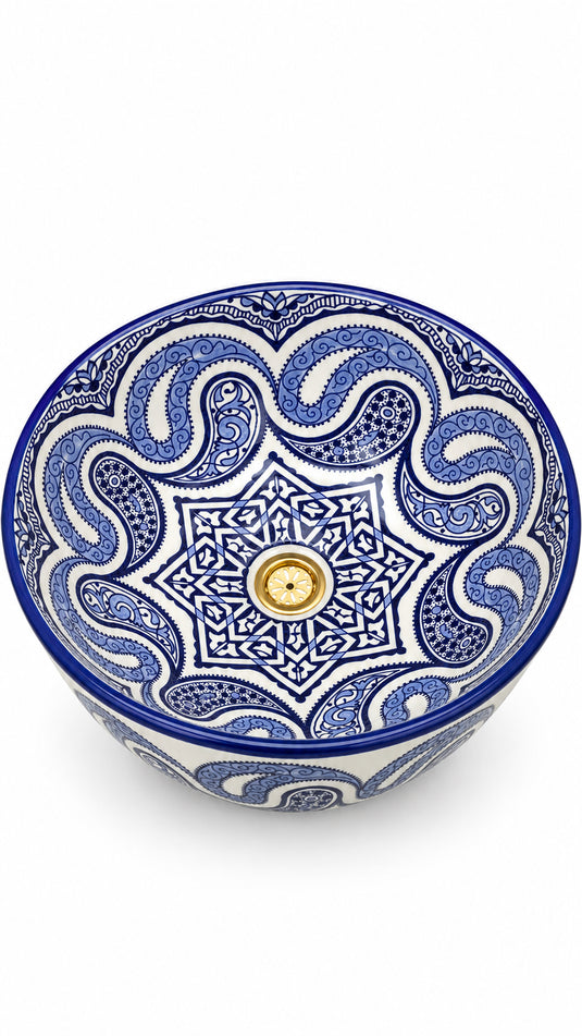 Blue & White Moroccan Sink – Hand-Painted Paisley Ceramic Washbasin