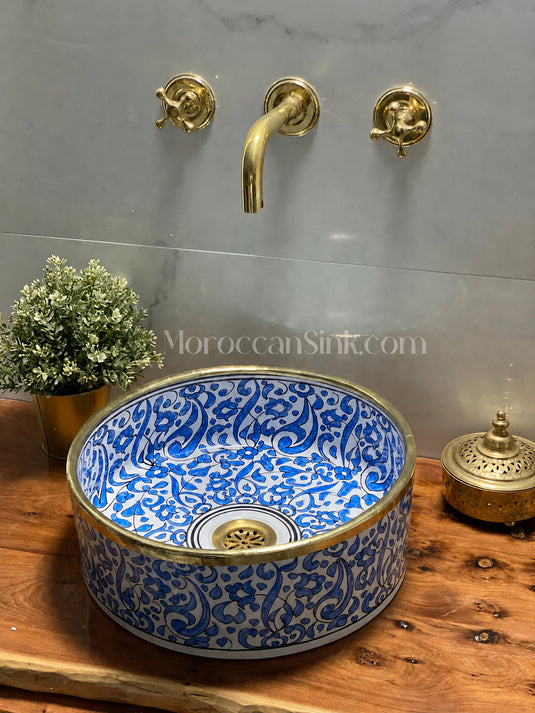 Vessel Sink, Sink Bowl, Ceramic Basin, Hand Wash Basin,Antique Sink with Brass Rim Edge