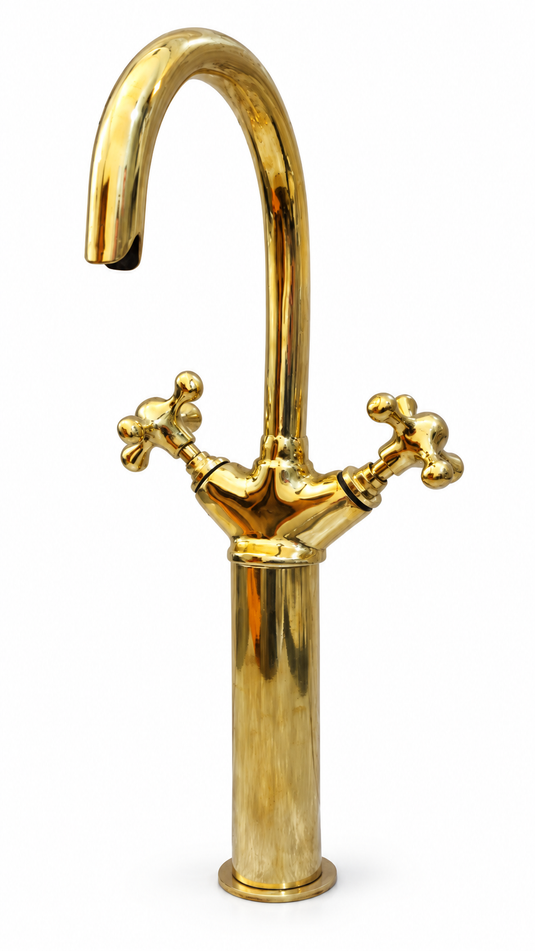 Tall Brass Vessel Sink Faucet, Gooseneck Bathroom Tap with Cross Handles