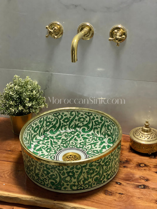 Vessel Sink, Sink Bowl, Ceramic Basin, Hand Wash Basin,Antique Sink with Brass Rim Edge