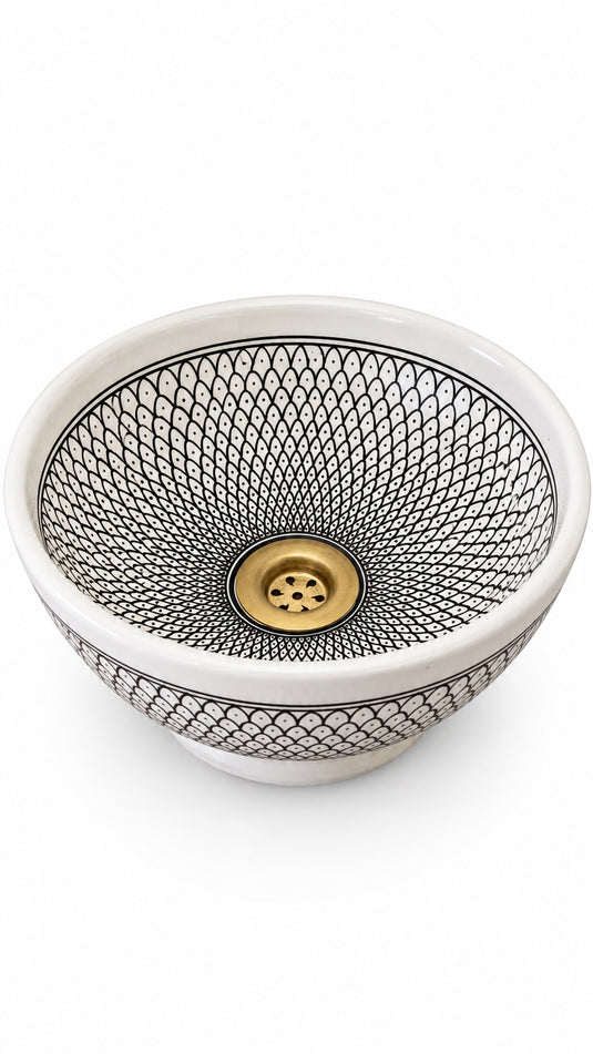 Hand-Painted Moroccan Ceramic Vessel Sink – Black & White Fish Scale Pattern with Brass Drain