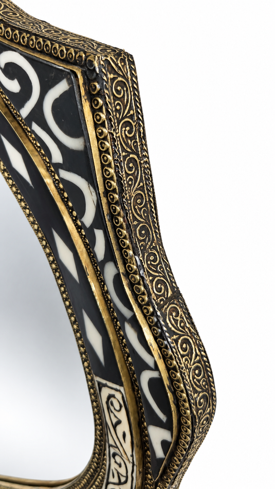 Handmade Moroccan Arched Wall Mirror, Black & Ivory Inlay with Antique Gold Details, Ornate Bathroom Vanity Mirror, Boho Wall Decor