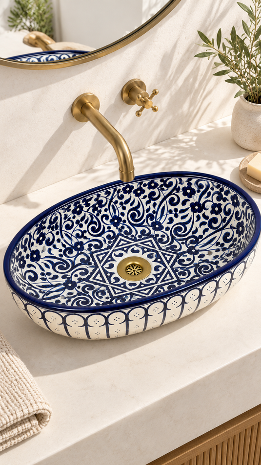 Deep Blue and Cream Floral Moroccan Ceramic Sink #018