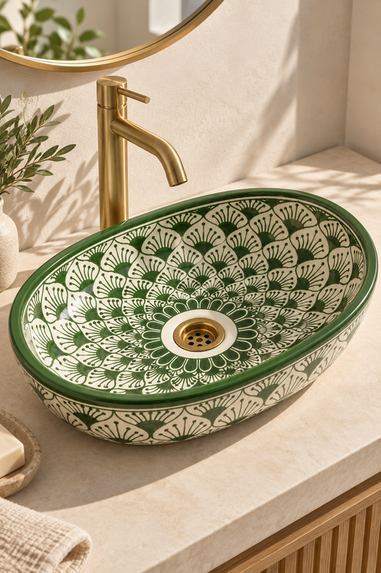 Olive Green Fan Pattern Moroccan Ceramic Sink #021