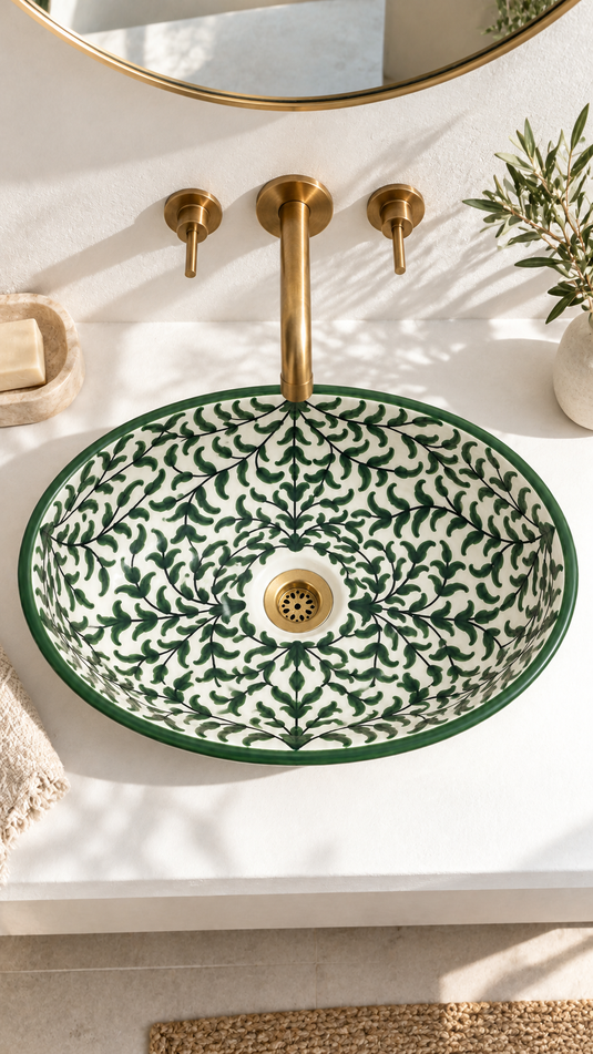 Forest Green and White Botanical Moroccan Ceramic Sink #014