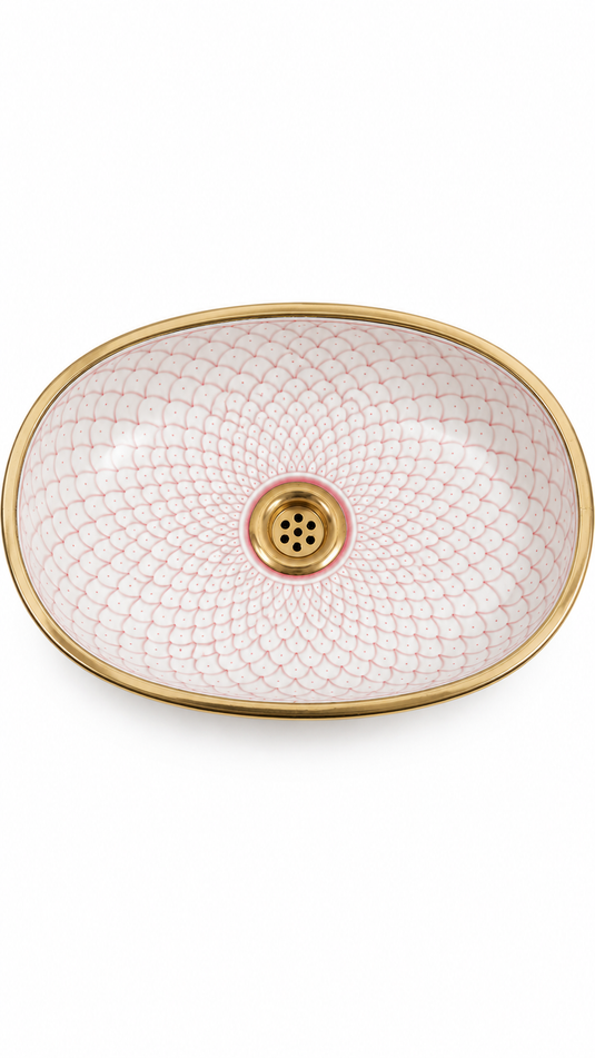 Blush Pink Scallop Ceramic Sink with Gold-Toned Rim #026