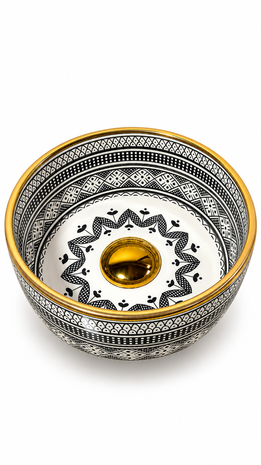 Lavabo marocain artisanale avec bord doré 14 K pour salle de bain
