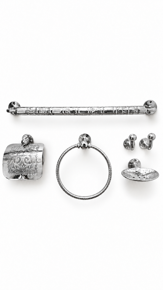 Handmade Moroccan Brass Bathroom Accessories – Engraved Towel Bar, Towel Ring, Toilet Paper Holder, Hooks & Soap Dish