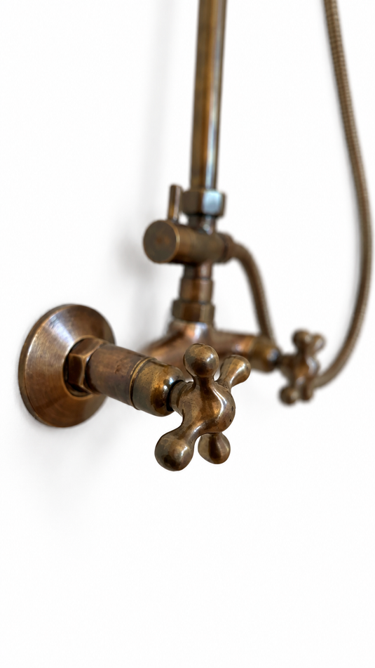VintageLine Antique Brass Shower Set with Rainfall Head, Handheld Sprayer & Cross-Handle Wall Mixer