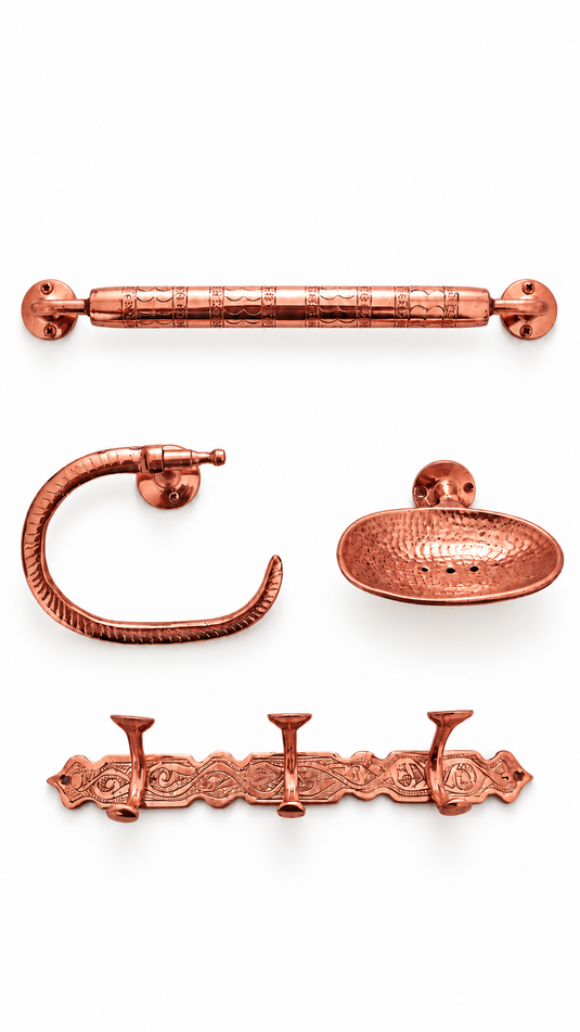 Moroccan Red Brass Bathroom Accessories – Handmade 4-Piece Set or Individual Pieces