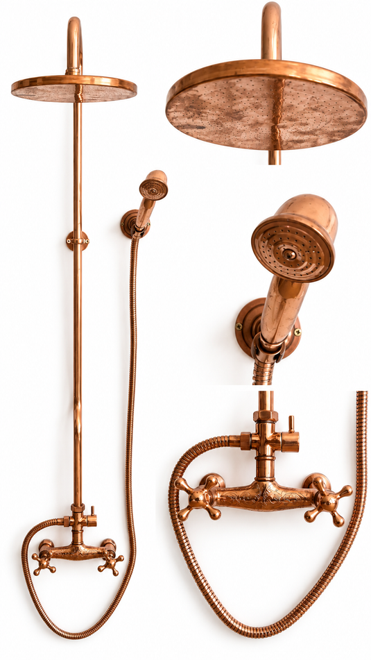 Unlacquered Brass Etched Shower System Set - Unlacquered Brass Shower System - Handheld Shower - Copper Outdoor Shower - Copper showerhead