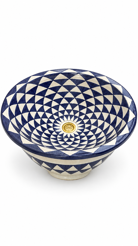 Handmade Blue and Ivory Geometric Ceramic Vessel Sink – Hand-Painted Bathroom Countertop Basin