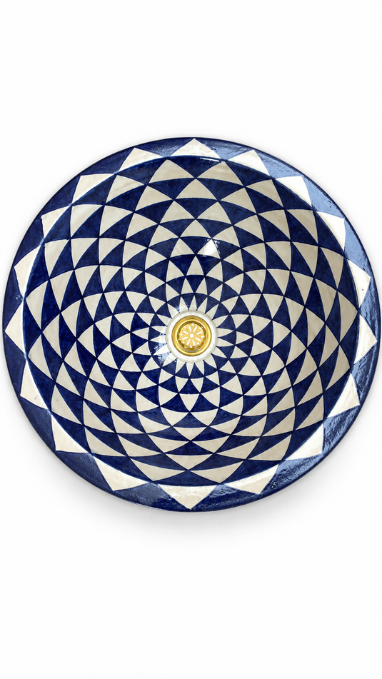 Handmade Blue and Ivory Geometric Ceramic Vessel Sink – Hand-Painted Bathroom Countertop Basin