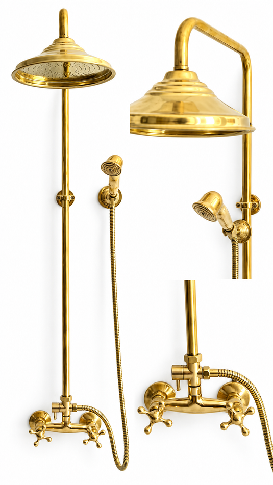 Unlacquered Brass Etched Shower System Set - Unlacquered Brass Shower System - Handheld Shower - Copper Outdoor Shower - Copper showerhead