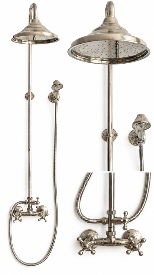 Unlacquered Brass Etched Shower System Set - Unlacquered Brass Shower System - Handheld Shower - Copper Outdoor Shower - Copper showerhead