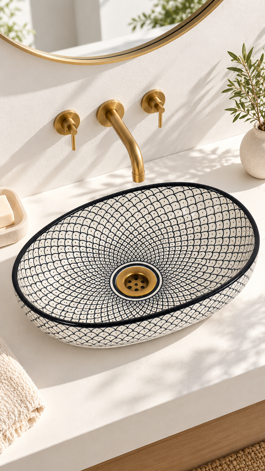 Black and White Fish scale Pattern Moroccan Ceramic Sink #016