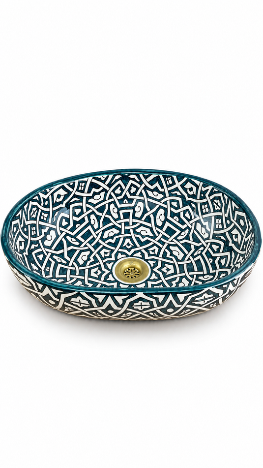 Teal Arabesque Oval Moroccan Ceramic Sink #009