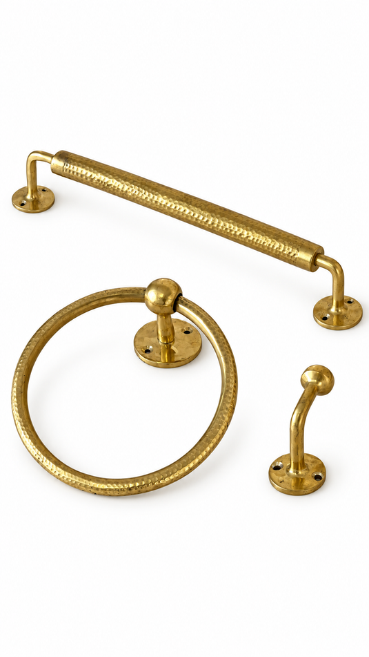 Handmade Moroccan Brass Bathroom Hardware Set, Hammered Towel Bar, Towel Ring & Wall Hooks