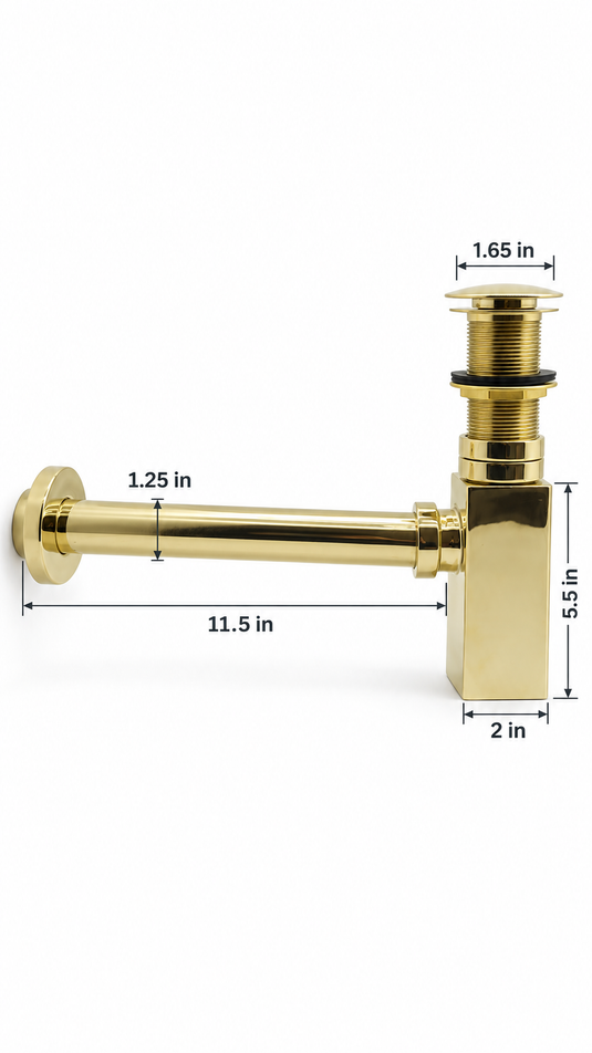 Unlacquered Brass Rectangular Bottle Trap with Pop-Up Sink Drain Stopper