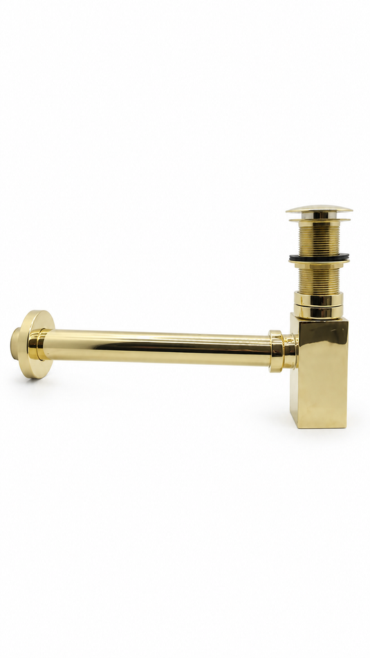 Unlacquered Brass Rectangular Bottle Trap with Pop-Up Sink Drain Stopper