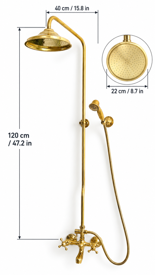Unlacquered Solid Brass Shower System – Rain Shower, Tub Spout & Handheld Combo – Moroccan Vintage Cross-Handles